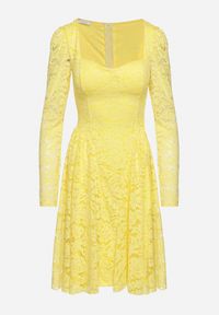 Born2be - Żółta Sukienka Koronkowa o Rozkloszowanym Kroju Telomira. Okazja: na co dzień. Kolor: żółty. Materiał: koronka. Długość rękawa: długi rękaw. Typ sukienki: proste, rozkloszowane. Styl: casual, klasyczny #4