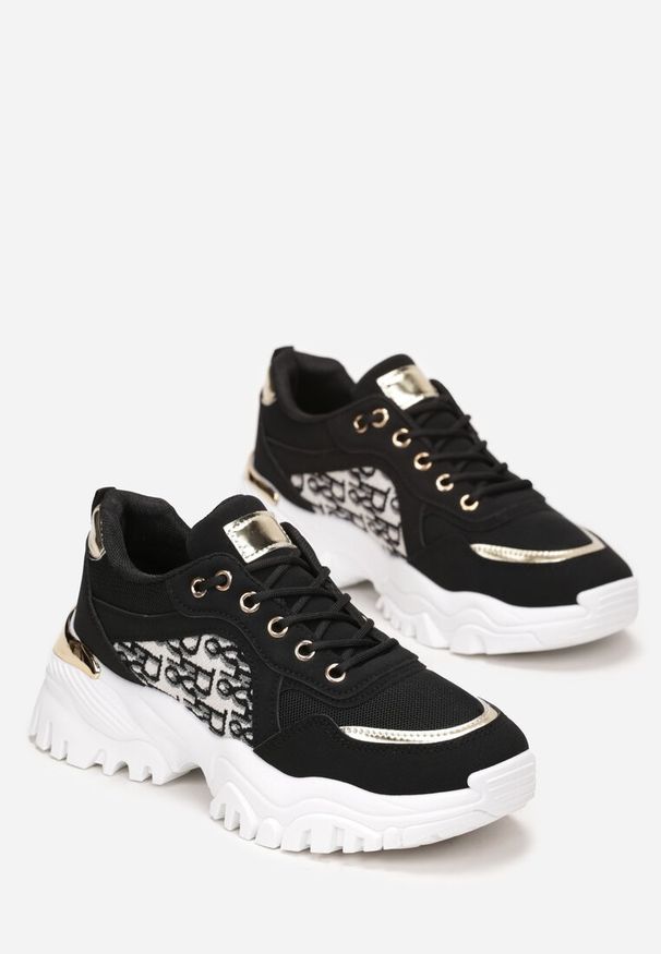 Born2be - Czarne Sneakersy na Grubej Podeszwie z Wstawkami Sassaria. Kolor: czarny. Materiał: materiał. Szerokość cholewki: normalna. Wzór: aplikacja
