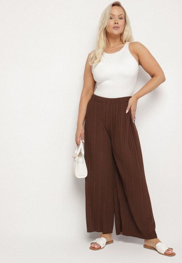 Born2be - Brązowe Szerokie Spodnie z Plisowanej Tkaniny z Gumką w Pasie Cesele. Kolekcja: plus size. Kolor: brązowy. Materiał: tkanina. Styl: elegancki