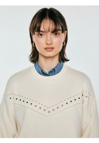 Big-Star - Bluza damska z linii Authentic perłowa Frolia 103. Okazja: na co dzień. Kolor: kremowy. Materiał: dzianina, skóra, materiał. Długość rękawa: długi rękaw. Długość: długie. Wzór: aplikacja, ze splotem. Styl: casual, klasyczny, elegancki #3