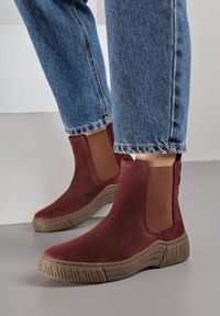 Born2be - Bordowe Botki Sztyblety na Ozdobnie Żłobionej Podeszwie Ezisane. Okazja: na co dzień. Kolor: czerwony. Materiał: jeans. Styl: casual, elegancki #1