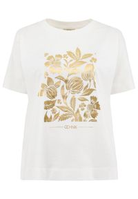 Ochnik - Biały t-shirt damski z kwiatowym printem. Kolor: biały. Materiał: bawełna. Wzór: kwiaty, nadruk. Styl: klasyczny #3