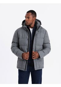 Ombre Clothing - Casualowa kurtka męska puffer z wełną – szary melanż V1 - Rozmiar: L. Okazja: na co dzień. Typ kołnierza: kołnierzyk stójkowy. Kolor: szary. Materiał: wełna. Długość: długie. Wzór: melanż. Styl: casual #10