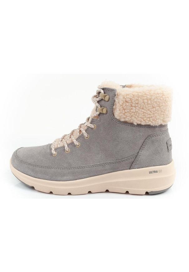 skechers - Buty zimowe sportowe damskie Skechers Glacial Ultra-Woodlands. Kolor: szary. Materiał: zamsz, skóra, futro. Szerokość cholewki: normalna. Sezon: zima