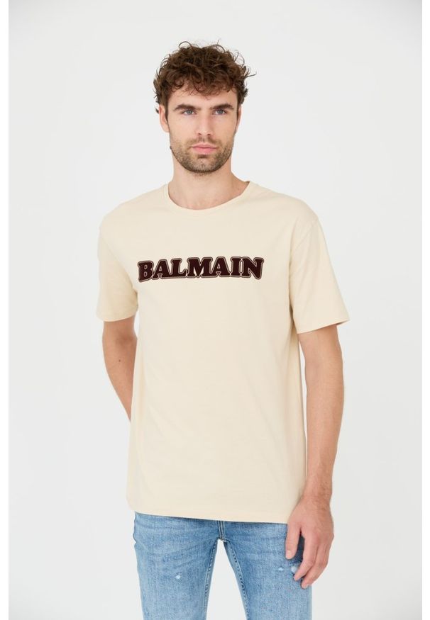 BALMAIN Beżowy t-shirt Retro Balmain Flock. Kolor: beżowy. Styl: retro