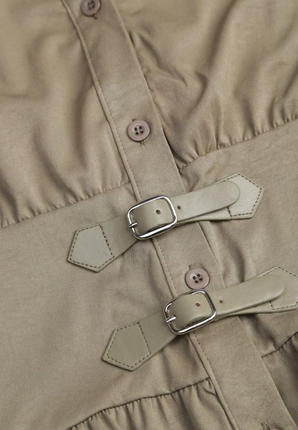 Born2be - Zielona Sukienka Koszulowa z Modelującym Przeszyciem ze Sprzączkami w Talii Puresa. Okazja: na co dzień, do pracy, na spotkanie biznesowe. Kolor: zielony. Typ sukienki: koszulowe. Styl: casual, biznesowy