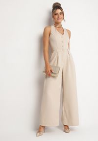 Born2be - Beżowy Kombinezon Taliowany Ozdobiony Guzikami Niladwenna. Kolor: beżowy. Wzór: aplikacja. Styl: elegancki #3