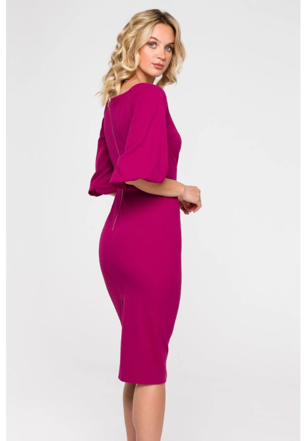 Makover - Sukienka ołówkowa z dekoltem V i bufiastymi rękawami śliwka. Okazja: na randkę. Typ sukienki: ołówkowe. Styl: elegancki, wizytowy
