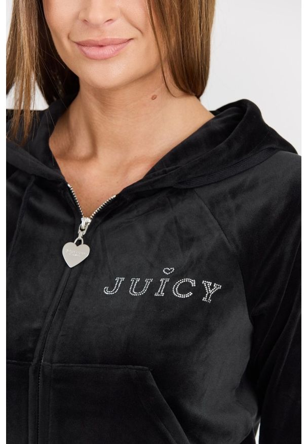 Juicy Couture - JUICY COUTURE Damska czarna bluza Regal Madison Hoodie, Rozmiar S. Okazja: na co dzień. Kolor: czarny. Materiał: poliester, elastan, materiał. Długość rękawa: długi rękaw. Długość: długie. Styl: casual, elegancki