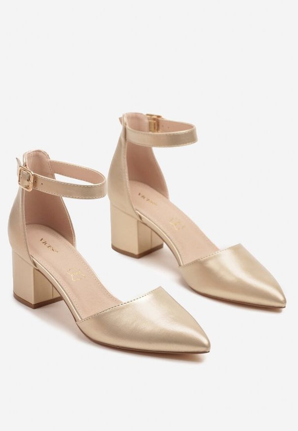 Born2be - Złote Eleganckie Czółenka Sandały Vices na Obcasie z Wkładką ze Skóry Naturalnej Leadora. Nosek buta: szpiczasty. Zapięcie: pasek. Kolor: złoty. Materiał: skóra. Obcas: na obcasie. Styl: elegancki. Wysokość obcasa: średni