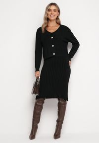 Born2be - Czarny Prążkowany Komplet Dzianinowy z Kardiganem i Sukienką Selanor. Kolor: czarny. Materiał: prążkowany, dzianina. Długość rękawa: na ramiączkach #2