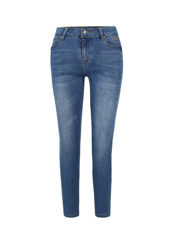 Volcano - Damskie niebieskie spodnie jeansowe rurki z regularnym stanem i z przetarciami D-KELLY 21. Kolor: niebieski. Wzór: aplikacja. Styl: elegancki