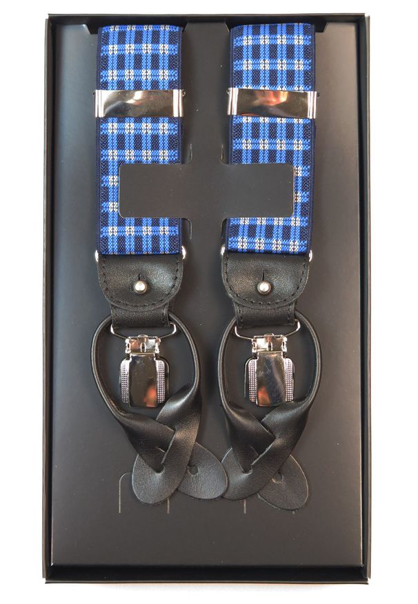 Modini - Niebieskie szelki w kratkę G35. Kolor: niebieski. Materiał: skóra, guma. Wzór: kratka