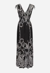 Born2be - Czarna Sukienka z Ornamentalnym Wzorem Gumką w Talii i Sznurkami na Ramionach Avemina. Kolor: czarny. Styl: klasyczny, elegancki #6
