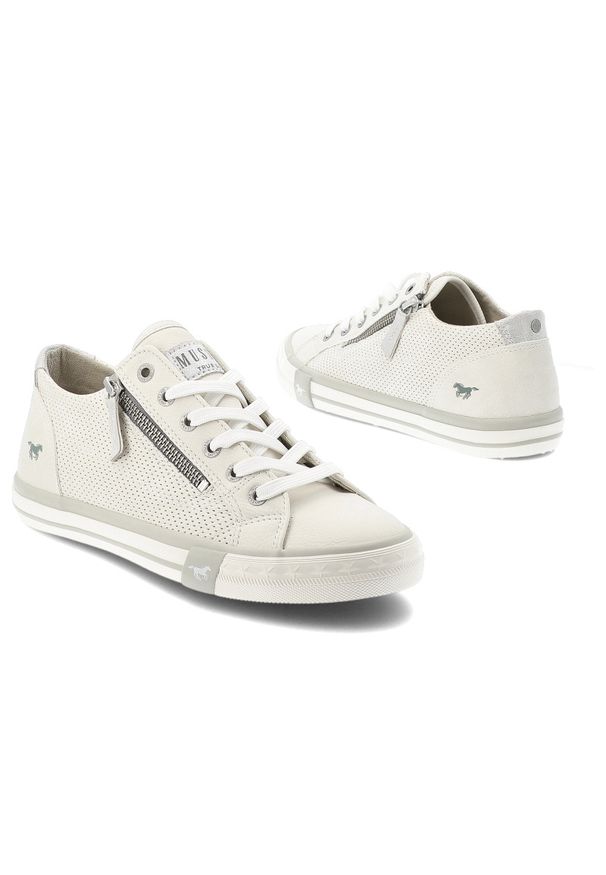 Trampki damskie Mustang, cholewka ze skóry ekologicznej perforowana konstrukcja sznurowanie uzupełnione bocznym zamkiem niska stabilna podeszwa zapew. Okazja: na co dzień. Zapięcie: sznurówki. Kolor: biały. Materiał: skóra ekologiczna. Szerokość cholewki: normalna. Styl: sportowy, klasyczny, elegancki, casual