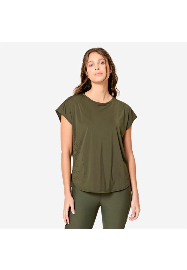 DOMYOS - Koszulka fitness damska Domyos krótki rękaw. Kolor: wielokolorowy, zielony, brązowy. Materiał: poliester, materiał, elastan. Długość rękawa: krótki rękaw. Długość: krótkie. Sport: fitness