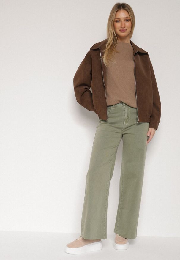 Born2be - Ciemnobeżowe Bawełniane Szerokie Jeansy z Wysokim Stanem Mhyrlia. Okazja: na co dzień. Stan: podwyższony. Kolor: beżowy. Styl: casual, elegancki