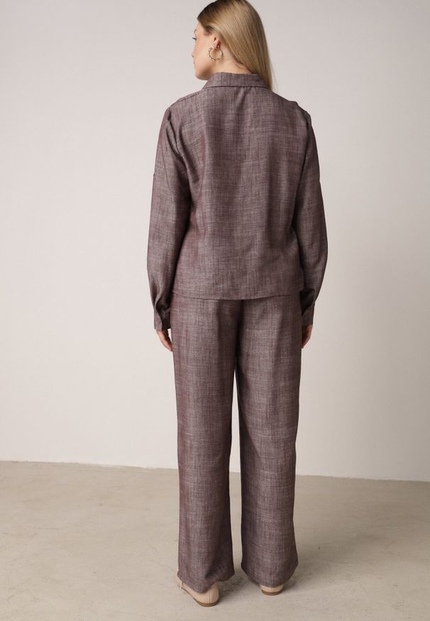 Born2be - Brązowy Komplet z Lnem i Wiskozą Szerokie Spodnie i Koszula z Wiązaniem Ravilith. Kolor: brązowy. Materiał: wiskoza, len