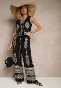 Renee - Czarne Szerokie Spodnie z Lnem i Bawełną High Waist z Haftem i Metaliczną Nicią Serilia. Okazja: na co dzień. Stan: podwyższony. Kolor: czarny. Materiał: bawełna, len. Wzór: haft. Styl: elegancki, casual #4