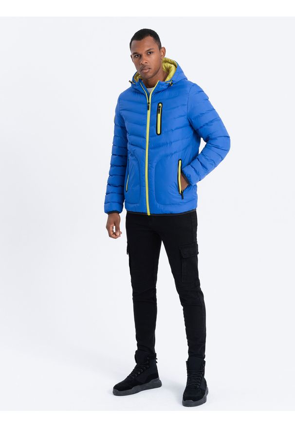 Ombre Clothing - Sportowa kurtka męska pikowana - niebieska V4 - Rozmiar: M. Kolor: niebieski. Materiał: poliester, nylon. Styl: sportowy
