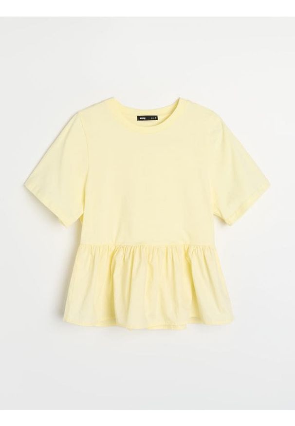 Sinsay - Gładka bawełniana bluzka z baskinką - żółty. Kolor: żółty. Materiał: bawełna. Wzór: gładki