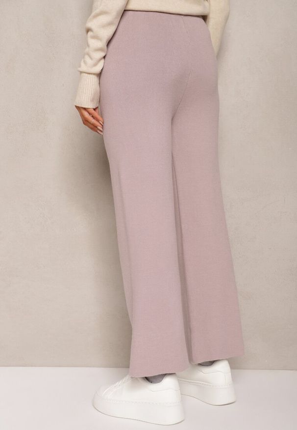 Renee - Jasnofioletowe Spodnie o Szerokim Kroju High Waist z Cyrkoniami i Gumką w Pasie Loreitha. Okazja: na co dzień. Stan: podwyższony. Kolor: fioletowy. Materiał: zamsz, satyna. Wzór: aplikacja. Styl: casual