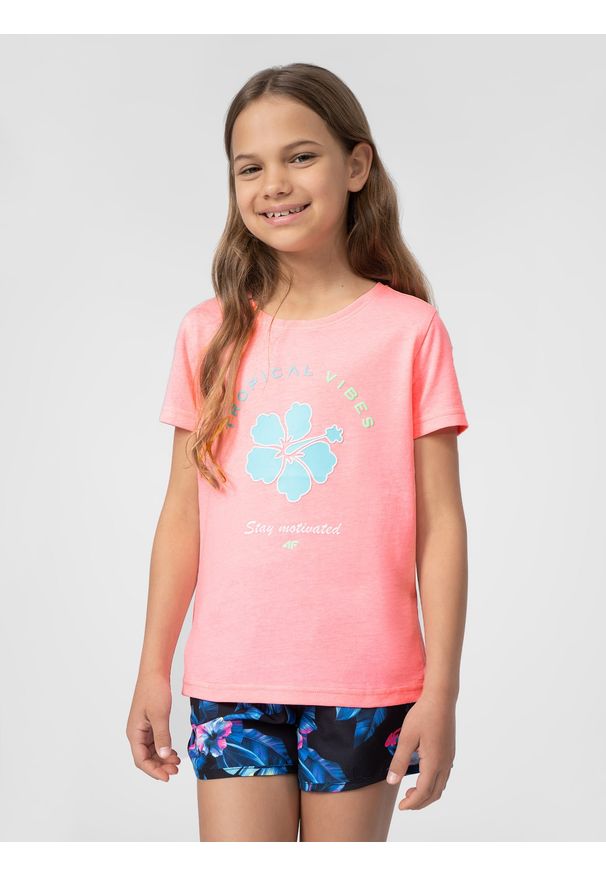 4f - T-shirt z nadrukiem dziewczęcy. Kolor: różowy. Materiał: bawełna, dzianina. Wzór: nadruk