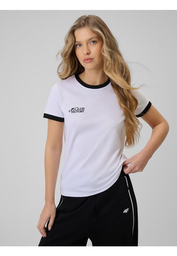 4f - 4F T-shirt regular z nadrukiem damski - biały XS. Okazja: na co dzień. Kolor: biały. Materiał: materiał, bawełna, dzianina. Wzór: nadruk. Styl: casual, klasyczny
