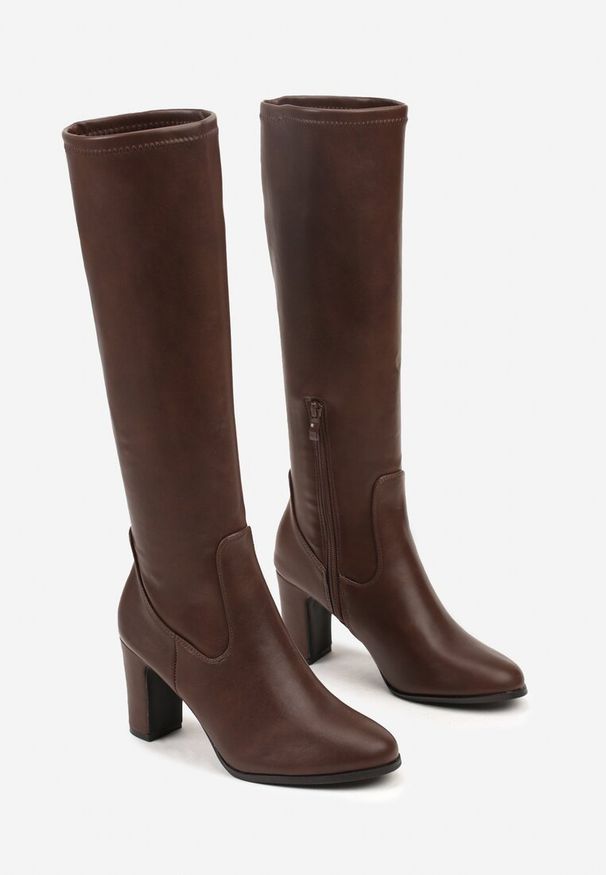 Born2be - Brązowe Kozaki na Obcasie z Dopasowaną Cholewką Alivire. Okazja: na co dzień. Kolor: brązowy. Szerokość cholewki: normalna. Obcas: na obcasie. Styl: casual, elegancki. Wysokość obcasa: średni