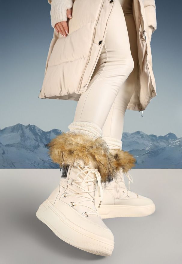 Born2be - Beżowe Śniegowce na Platformie z Futerkiem i Wiązaniem Eudaim. Okazja: na spacer, na co dzień. Kolor: beżowy. Materiał: futro. Sezon: zima. Obcas: na platformie. Styl: casual