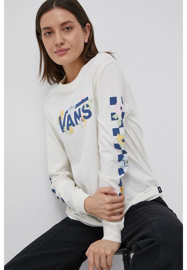 Vans longsleeve bawełniany kolor beżowy. Okazja: na co dzień. Kolor: beżowy. Materiał: bawełna. Długość rękawa: długi rękaw. Styl: casual