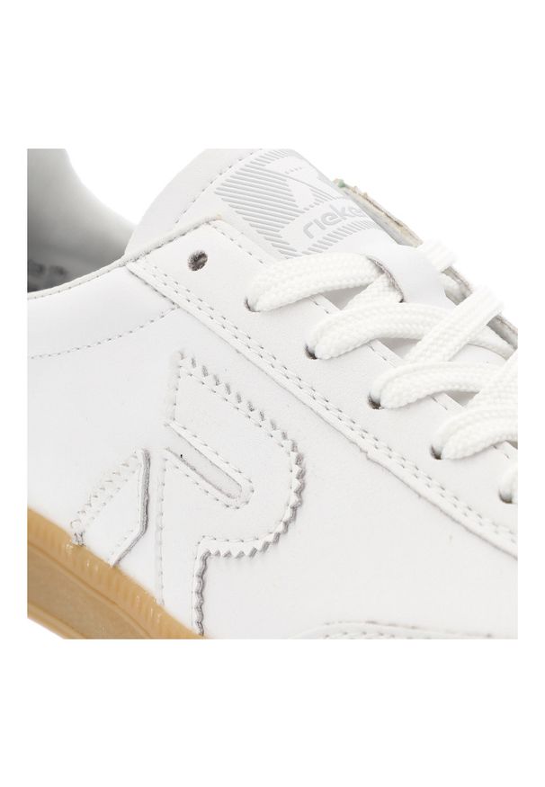 Białe Sneakersy Rieker Modne Płaskie Obuwie Damskie. Okazja: na co dzień. Zapięcie: sznurówki. Kolor: biały. Materiał: guma, skóra. Szerokość cholewki: normalna