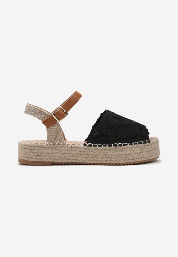 Born2be - Czarne Ażurowe Sandały Espadryle na Grubej Plecionej Podeszwie Valens. Kolor: czarny. Materiał: materiał. Wzór: ażurowy. Sezon: lato