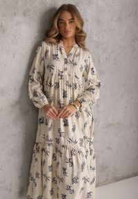 Renee - Jasnobeżowa Wiskozowa Sukienka o Rozkloszowanym Kroju z Guzikami przy Dekolcie Seave. Okazja: na co dzień. Kolor: beżowy. Materiał: wiskoza. Wzór: nadruk. Typ sukienki: rozkloszowane, oversize. Styl: boho, casual #3