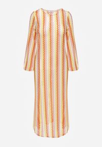 Renee - Pomarańczowa Sukienka Dopasowana w Stylu Boho z Plecionego Materiału w Paski Nasehle. Okazja: na co dzień, na plażę. Kolor: pomarańczowy. Materiał: materiał. Długość rękawa: długi rękaw. Wzór: paski. Typ sukienki: dopasowane. Styl: boho #8