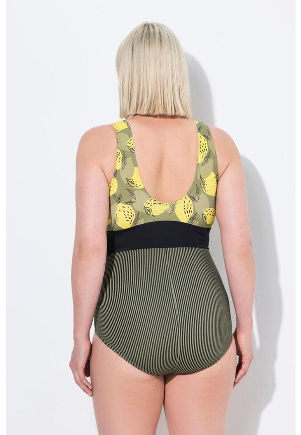 ULLA POPKEN - Damski Strój kąpielowy cytryny ozdobny pasek miękkie miseczki z recyklingu. Kolekcja: plus size. Kolor: zielony. Materiał: poliester, elastan, poliamid, materiał