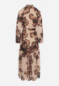Born2be - Ciemnobeżowa Pudełkowa Sukienka w Kwiaty z Paskiem Nifle. Okazja: na co dzień. Kolor: beżowy. Materiał: skóra. Wzór: kwiaty. Styl: casual, elegancki #5