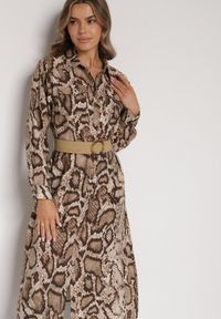 Born2be - Brązowa Sukienka Koszulowa z Wiskozą Zdobiona Paskiem i Wzorem w Węża Delane. Okazja: na co dzień. Kolor: brązowy. Materiał: wiskoza. Wzór: aplikacja. Typ sukienki: koszulowe. Styl: casual, elegancki #4