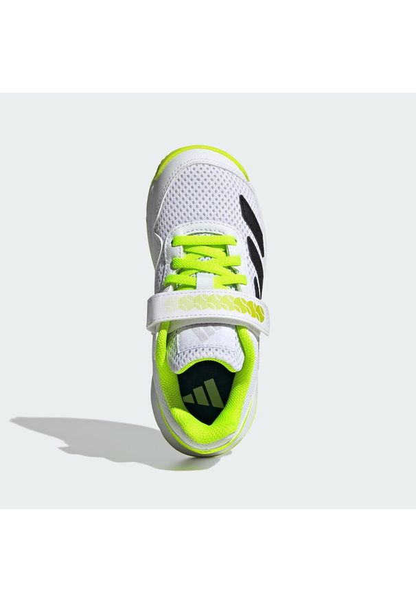 Adidas - Tenisowe buty z paskami na rzepy dla dzieci Courtflash. Zapięcie: rzepy. Kolor: żółty, biały, wielokolorowy, czarny. Sport: tenis