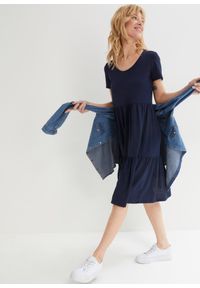 bonprix - Sukienka shirtowa w strukturalny wzór. Kolor: niebieski. Materiał: koronka. Wzór: koronka