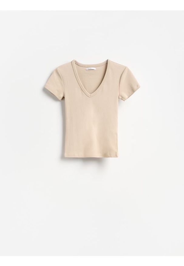 Reserved - T-shirt z bawełną - beżowy. Kolor: beżowy. Materiał: bawełna