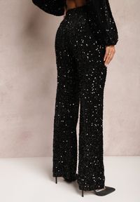 Renee - Czarne Szerokie Spodnie w Cekiny z Welurowej Tkaniny Naress. Stan: podwyższony. Kolor: czarny. Materiał: welur, tkanina