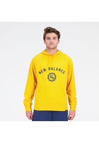 Bluza męska New Balance MT31901VGL – żółta. Typ kołnierza: kaptur. Kolor: żółty. Materiał: dresówka, bawełna, prążkowany, poliester