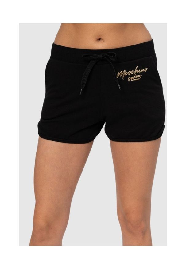 MOSCHINO Czarne szorty damskie ze złotym logo, Rozmiar XS. Kolor: czarny. Materiał: prążkowany, bawełna. Wzór: aplikacja