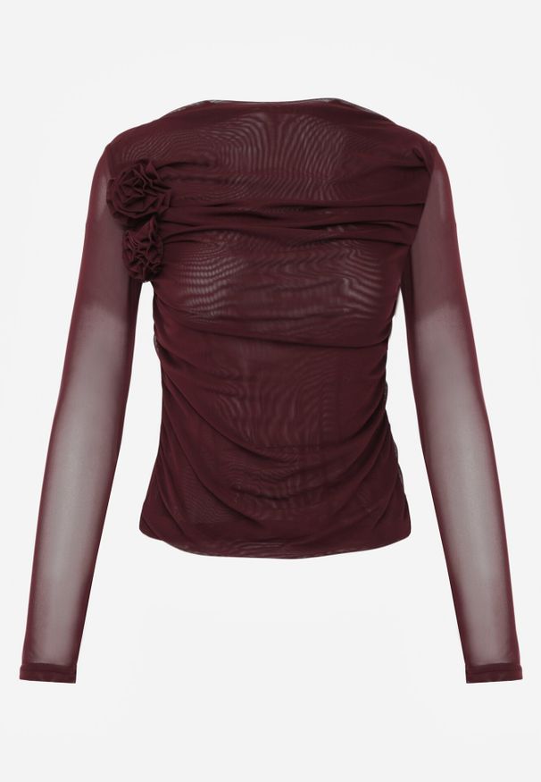 Born2be - Bordowa Bluzka Siateczkowa z Marszczeniem i Kwiatową Aplikacją Nelimor. Okazja: na co dzień. Kolor: czerwony. Materiał: bawełna, jeans. Wzór: aplikacja, kwiaty. Styl: casual, elegancki