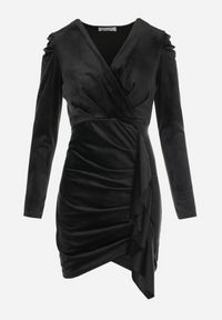 Born2be - Czarna Welurowa Sukienka Mini z Marszczeniem Chongi. Kolor: czarny. Materiał: welur. Długość rękawa: długi rękaw. Typ sukienki: kopertowe, dopasowane. Długość: mini #2
