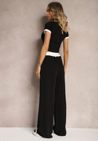 Renee - Czarny Komplet z Prążkowanego Materiału T-shirt Szerokie Spodnie z Gumką w Pasie Alandrea. Kolor: czarny. Materiał: materiał, prążkowany