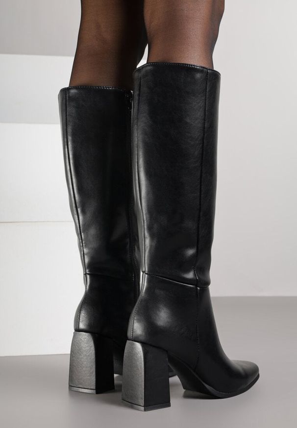 Born2be - Czarne Eleganckie Kozaki VICES do Kolana ze Skóry Naturalnej na Słupku Reivela. Okazja: na co dzień, do pracy, na spotkanie biznesowe. Kolor: czarny. Materiał: skóra. Obcas: na słupku. Styl: elegancki. Wysokość obcasa: średni