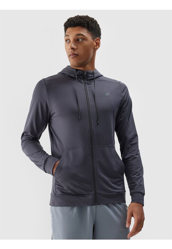 4f - Bluza treningowa rozpinana z kapturem męska - szara. Typ kołnierza: kaptur. Kolor: szary. Materiał: syntetyk, skóra, włókno, dzianina, materiał, elastan. Wzór: jednolity, gładki, ze splotem. Styl: sportowy. Sport: fitness