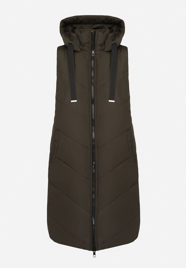 Born2be - Ciemnozielona Pikowana Kamizelka na Suwak z Kapturem i Sznurkami Mivissea. Typ kołnierza: kaptur. Kolor: zielony. Materiał: jeans. Styl: elegancki, sportowy